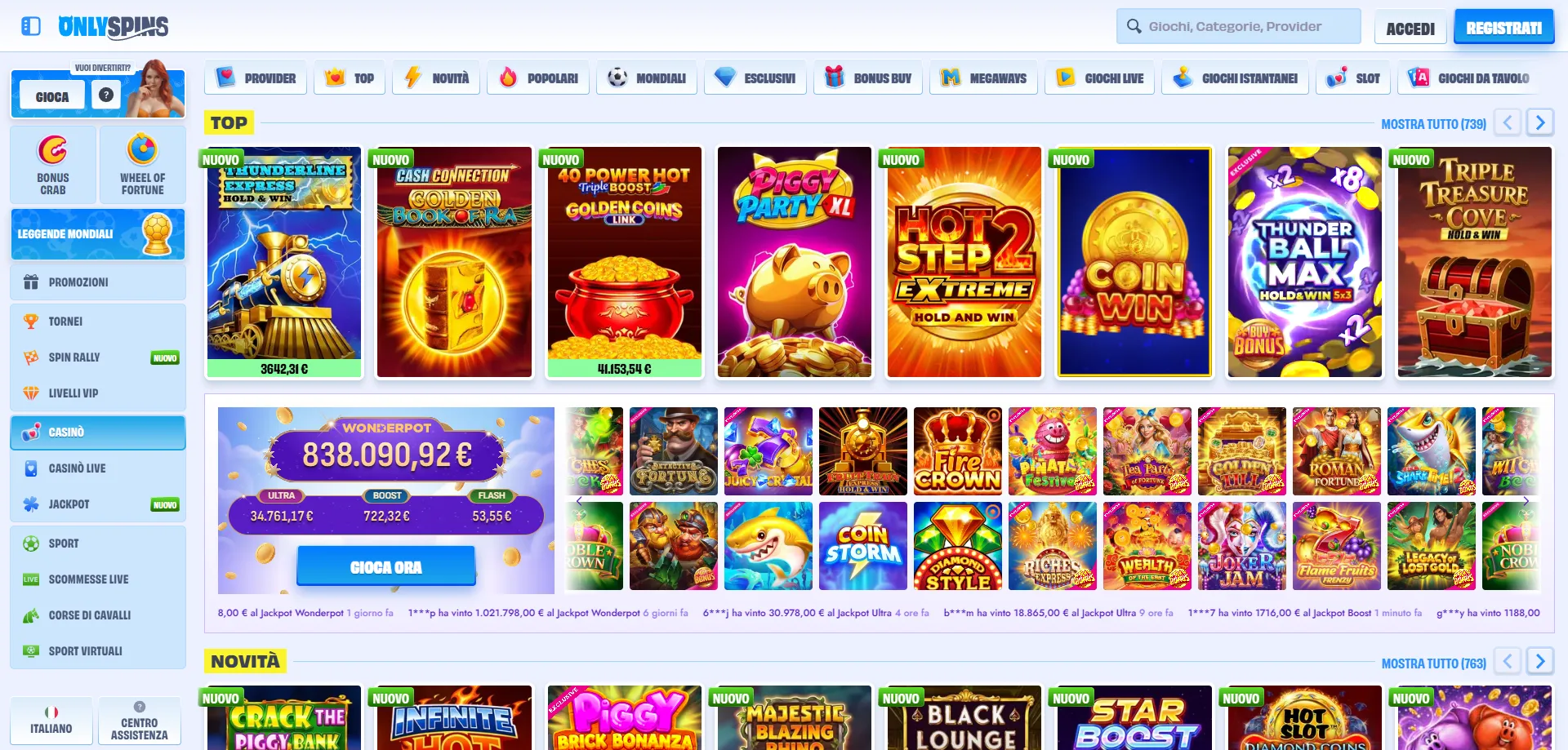 onlyspins-slots1 OnlySpins Casino giochi slot machine live dealer catalogo completo