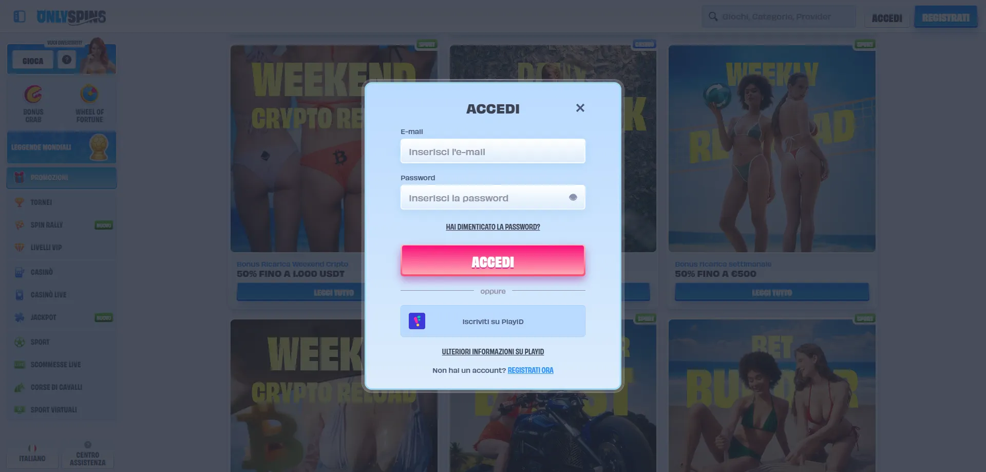 onlyspins-login1 OnlySpins Casino login accesso account Italia desktop mobile